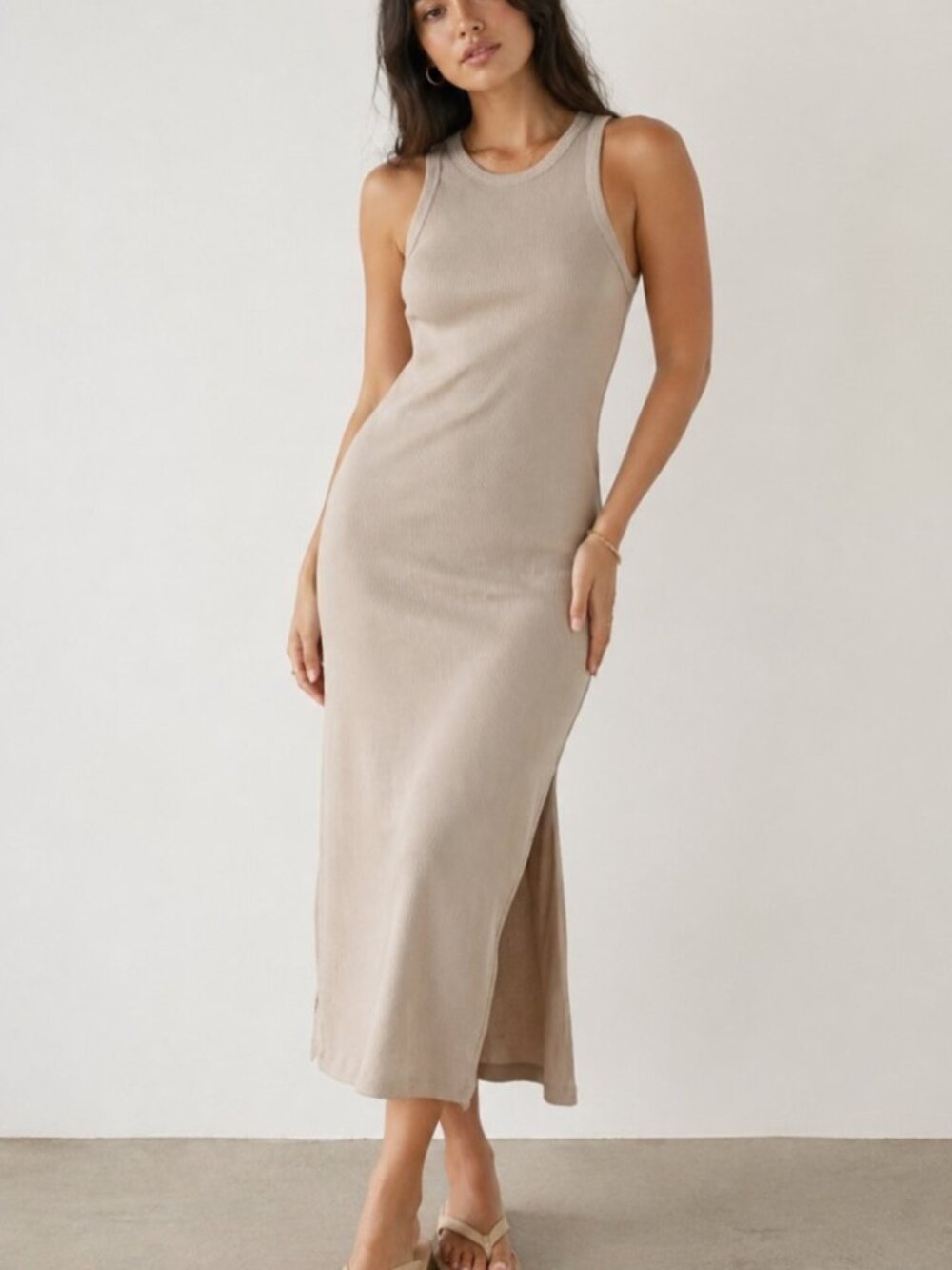 Abercrombie - Ribbed Scuba Knit Midi Dress in Beige